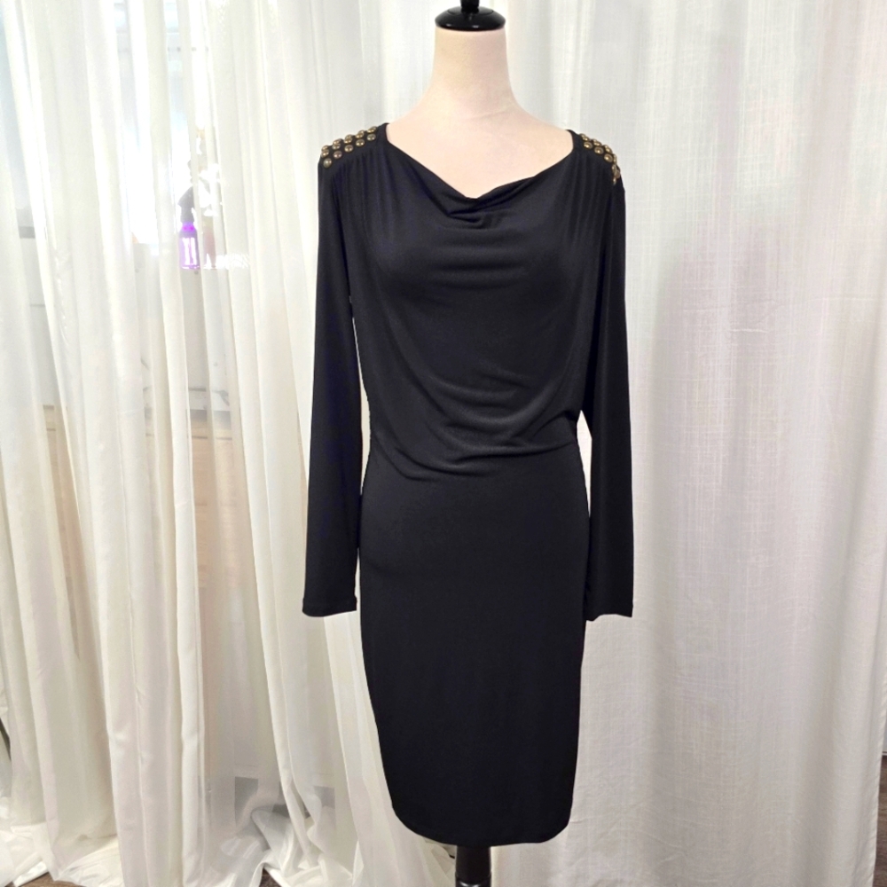 Michael Kors Little Black Dress Bodycon Long Sleeve Midi Size M Embellished